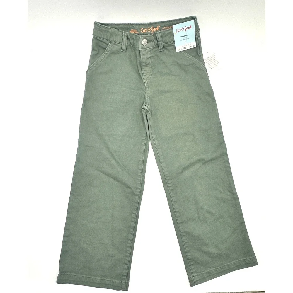 Cat and Jack Girls Wide Leg Stretch Pants Size 7 Green Adjustable Waist NWT